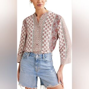 Boden Wide Sleeve Relaxed Blouse Size 2 Cream Red Pink Button Down Front